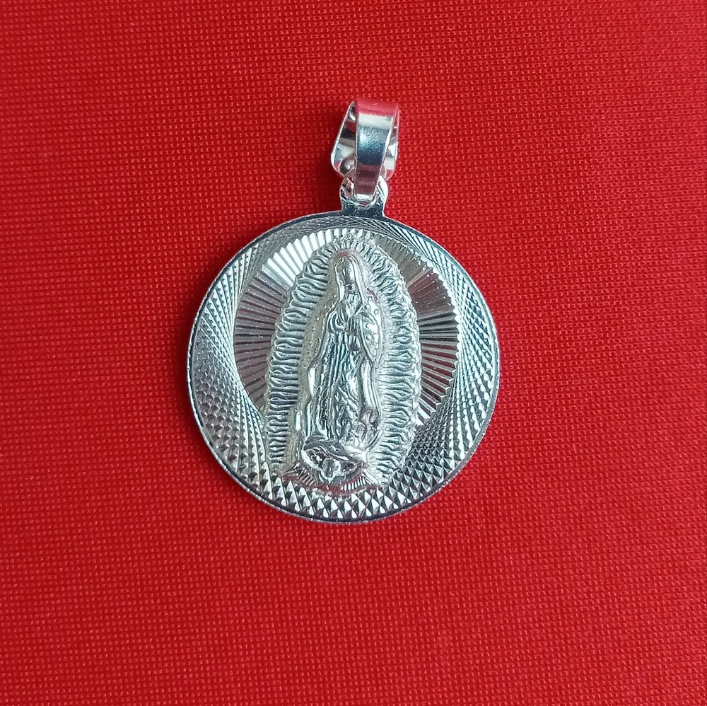 925 Sterling‎ Silver Double Sided Pendant jesus/Virgin Guadalupe Charm Necklace